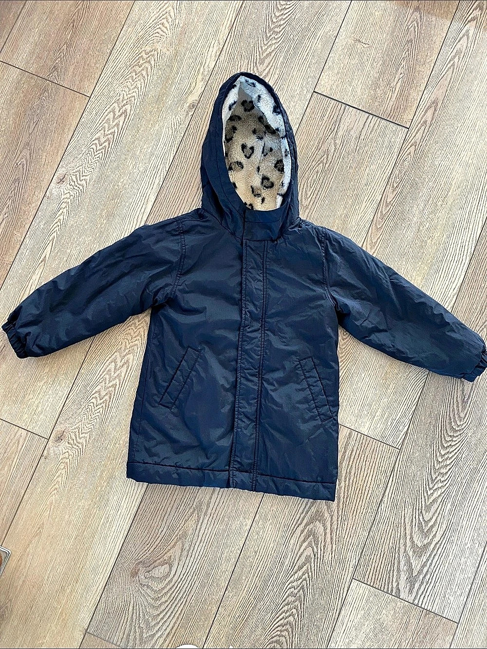 Old Navy Black with Leopard Faux-Fur Hoodie Puffer Jacket with Soft Fleece Linin